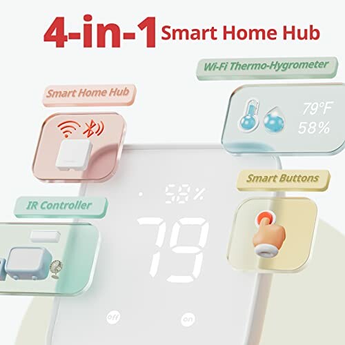 4-in-1 Smart Home Hub with features: Smart Home Hub, Wi-Fi Thermo-Hygrometer, IR Controller, Smart Buttons.