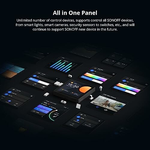 Smart home control panel interface displaying various device controls and features.