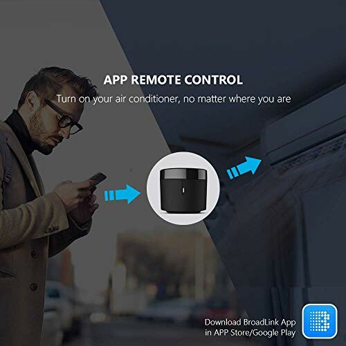 Man using smartphone to control air conditioner remotely with app.