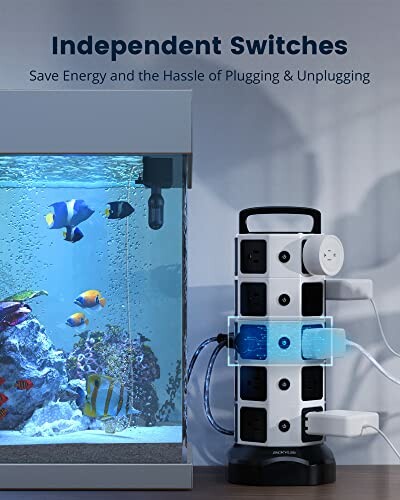 Aquarium beside a vertical power strip with multiple outlets and independent switches