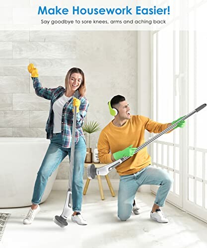 Happy couple cleaning bathroom with ergonomic tools.