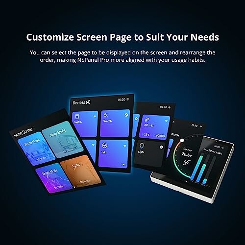 Customizable screen pages with smart scenes and device controls.