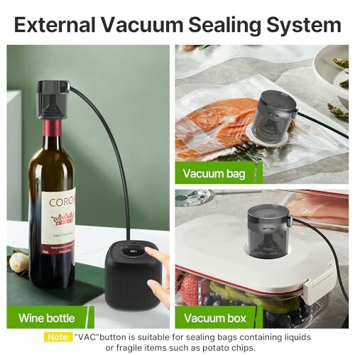 External vacuum sealing system showing uses on wine bottle, vacuum bag, and vacuum box.