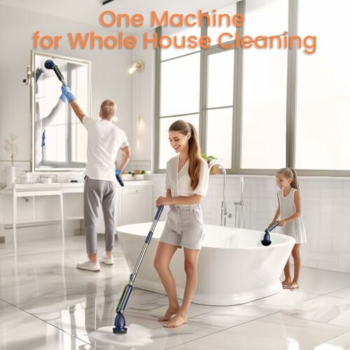 Family cleaning bathroom with electric scrubbers.