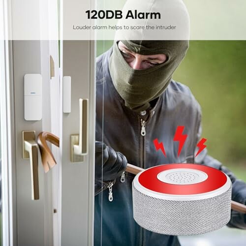 Masked intruder opening door with 120DB alarm device.