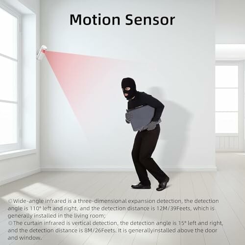 A person in a mask detected by a motion sensor with infrared beam in a room.