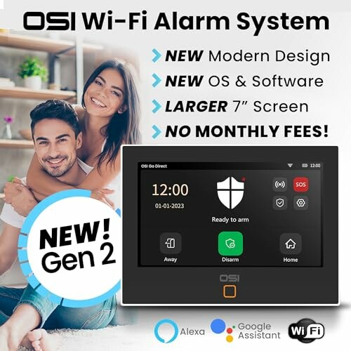 Advertisement for OSI Wi-Fi Alarm System featuring a couple and product details.