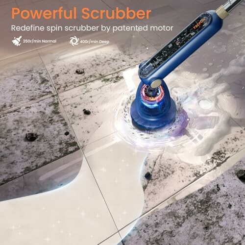 Electric spin scrubber cleaning a tile floor with water.