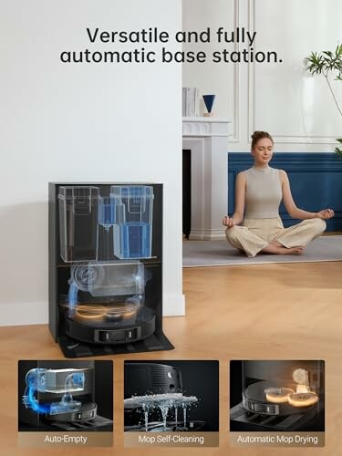 Woman meditating near a versatile robot vacuum base station with features displayed.