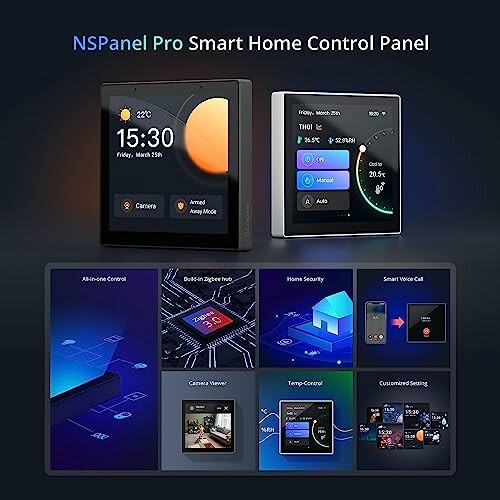 Smart home control panel interface with various features.