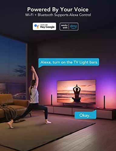 Person doing yoga with voice-controlled TV light bars in a living room.