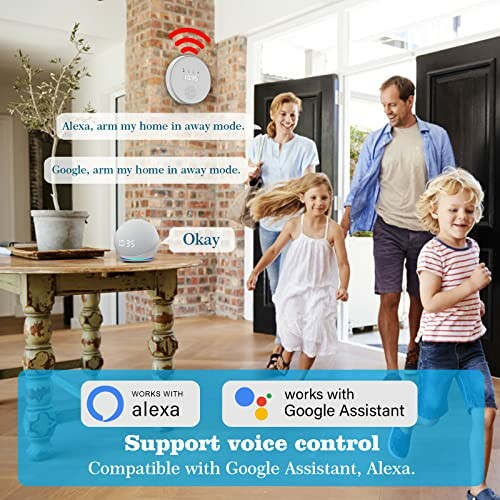 Family entering home with smart home voice control devices compatible with Alexa and Google Assistant.