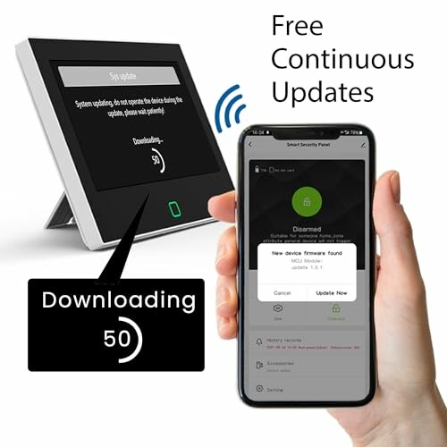 Smart security device and smartphone displaying update process.