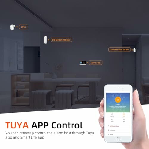 Smart home security system with Tuya app control displayed on smartphone.