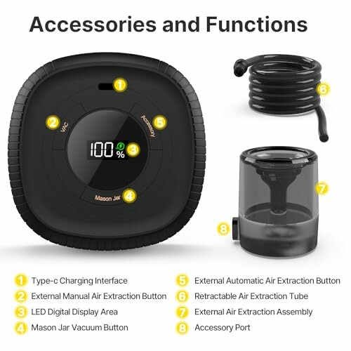 Vacuum sealer accessories and functions with labeled parts.