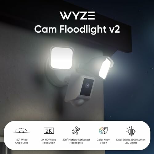 Wyze Cam Floodlight v2 with 2K HD video and dual bright LED lights.