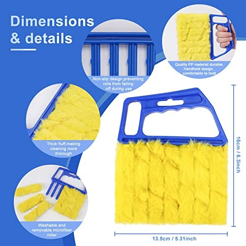 Blue handle cleaning tool with yellow fluff, dimensions and features displayed.